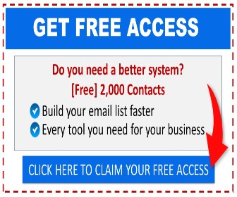 Get free access ad with bold text, offering 2,000 contacts. Features a checklist for business tools and a red arrow pointing to a blue button.