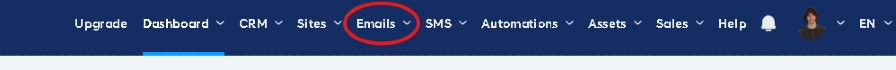A navigation menu on a blue background with options like Upgrade, Dashboard, and Emails. "Emails" is circled in red to highlight it.