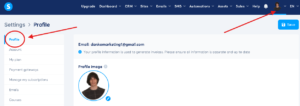 A user profile settings page displays email information and a profile image with an edit option. Navigational menu and save button are visible.